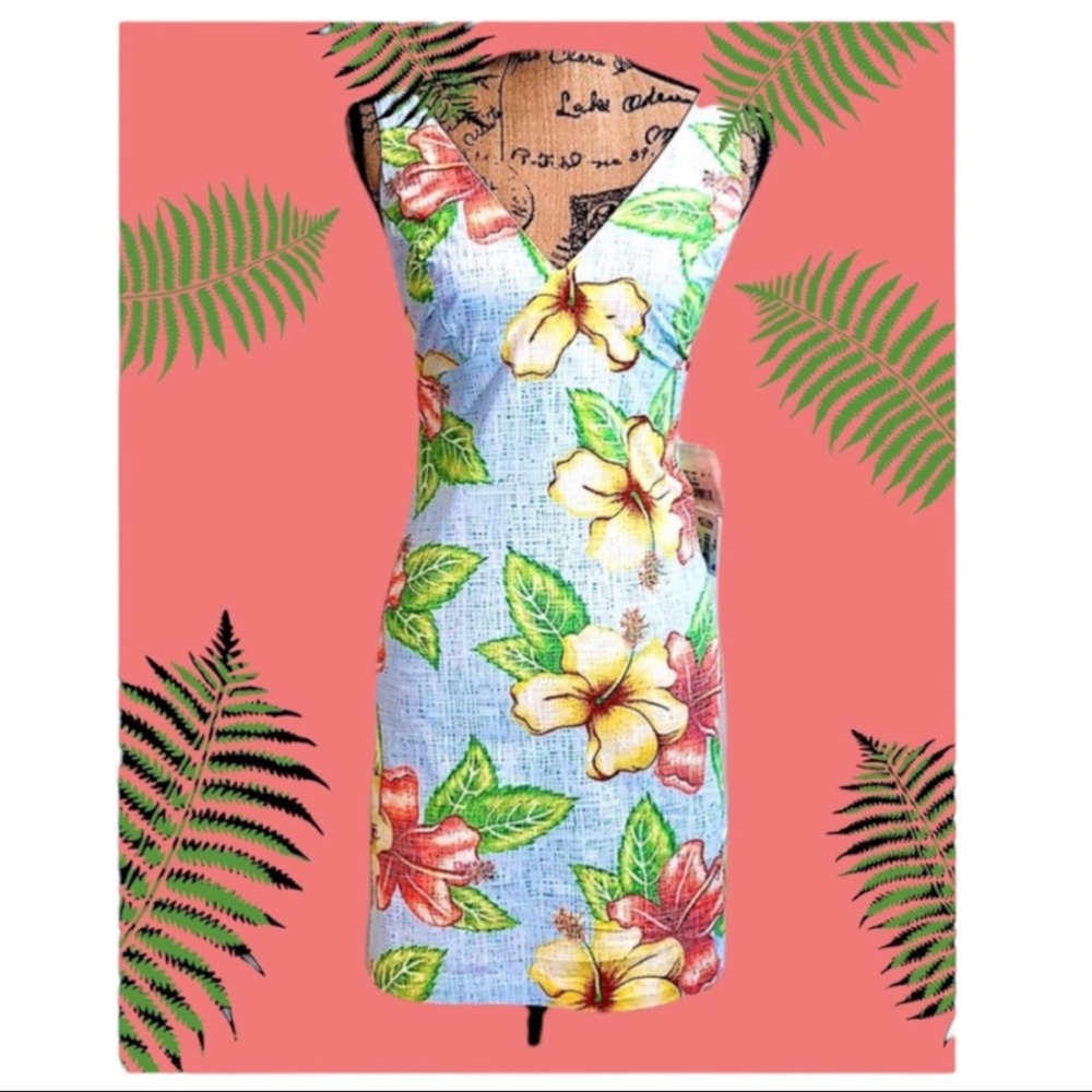 TOES ON THE NOSE Light blue, coral & yellow Hibiscus Sundress NWT SZ S